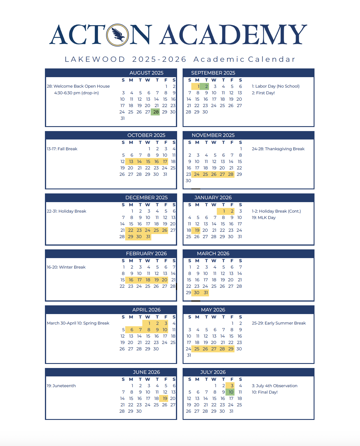 Acton Academy's Academic Calendar